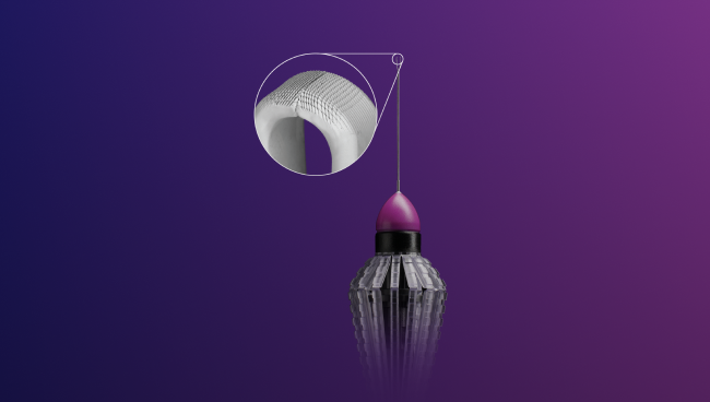 An image of the FINESSE SHARKSKIN ILM Forceps. A zoomed-in image in a circle displays the laser-ablated microstructures on the tips of the forceps. The device appears on a purple background.