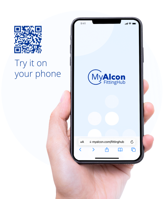 MyAlcon Fitting Hub on a Cell Phone with a QR Code
