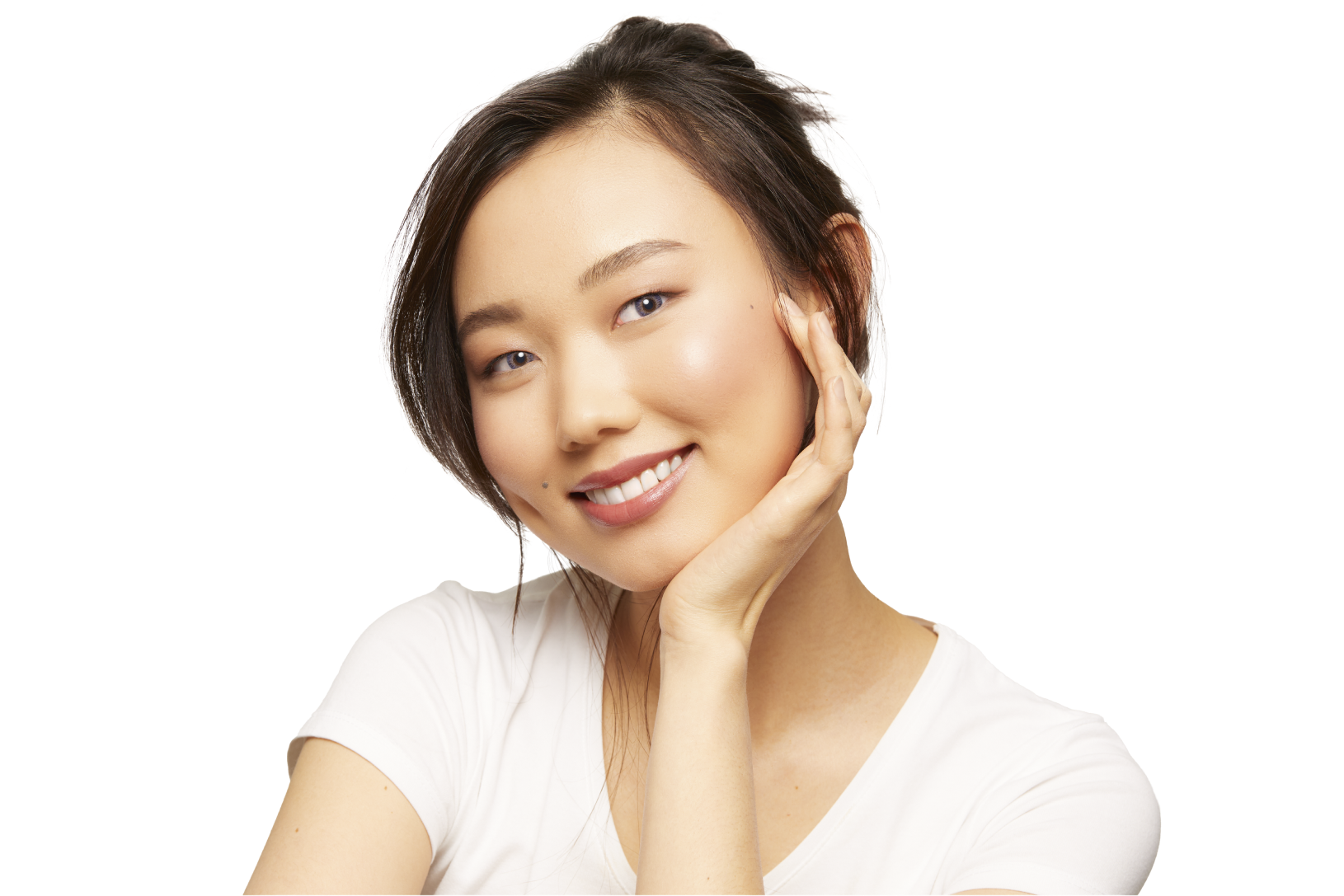woman with dark brown hair pulled up and white t-shirt wearing Air Optix Colors color contact lenses in the color, Gray