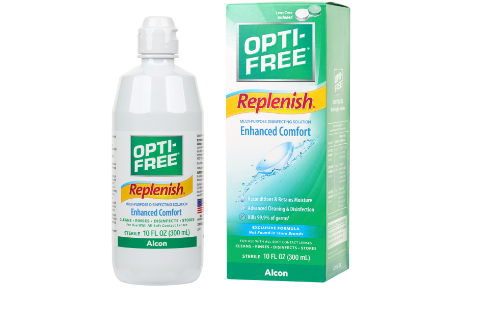 Product bottle and box for Opti-free Replenish Enhanced Comfort contact lens solution