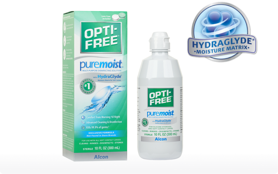 Product box and bottle for Opti-free Puremoist multi-purpose contact lens solution with HydraGlyde Moisture Matrix logo