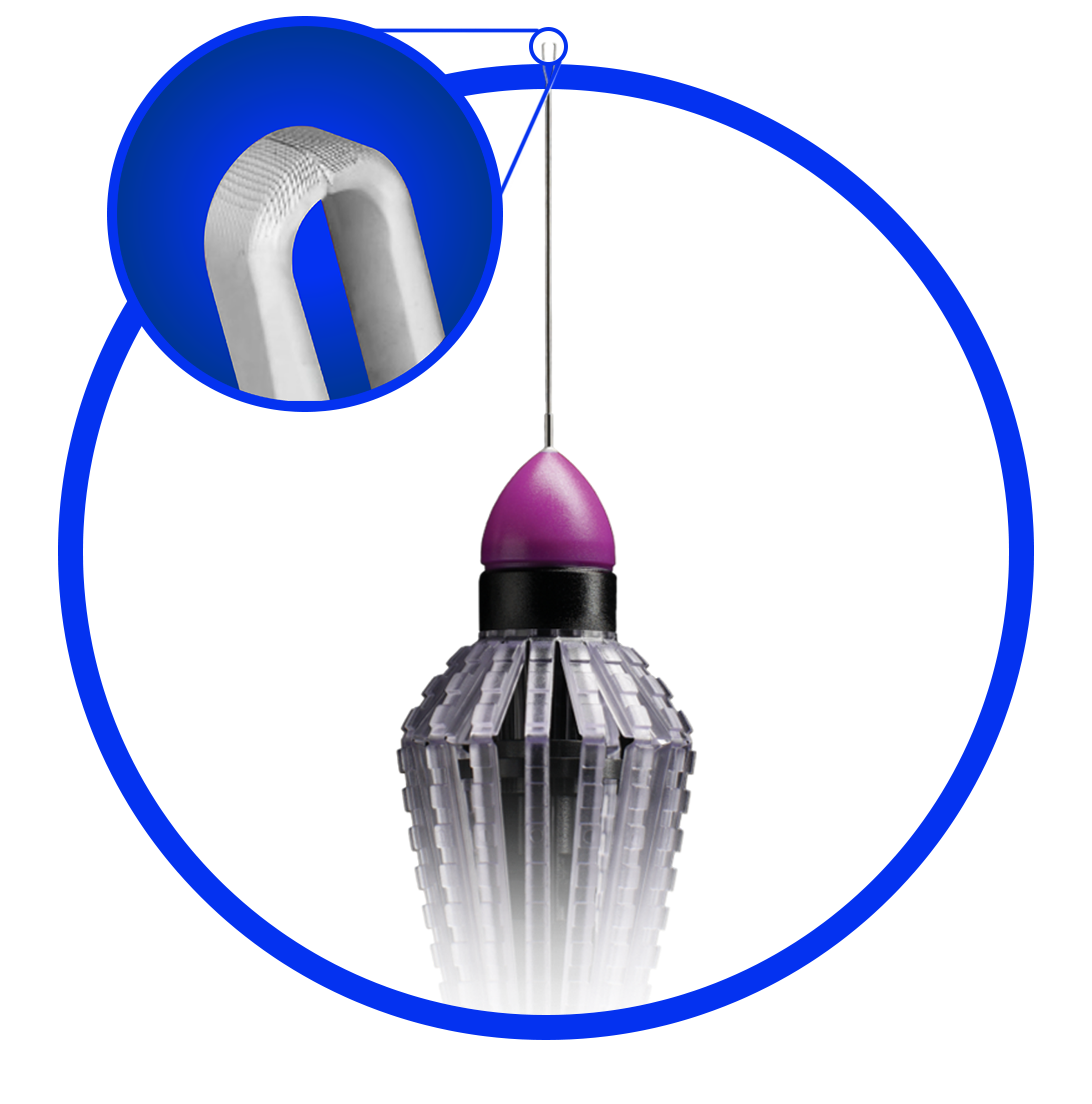 An image of the FINESSE SHARKSKIN ILM Forceps. A zoomed-in image in a circle displays the laser-ablated microstructures on the tips of the forceps. The device appears on a purple background.