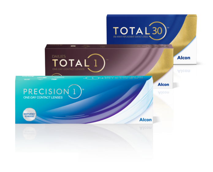 product boxes for Total 30, Dailies Total1, and Precision1 contact lenses by Alcon