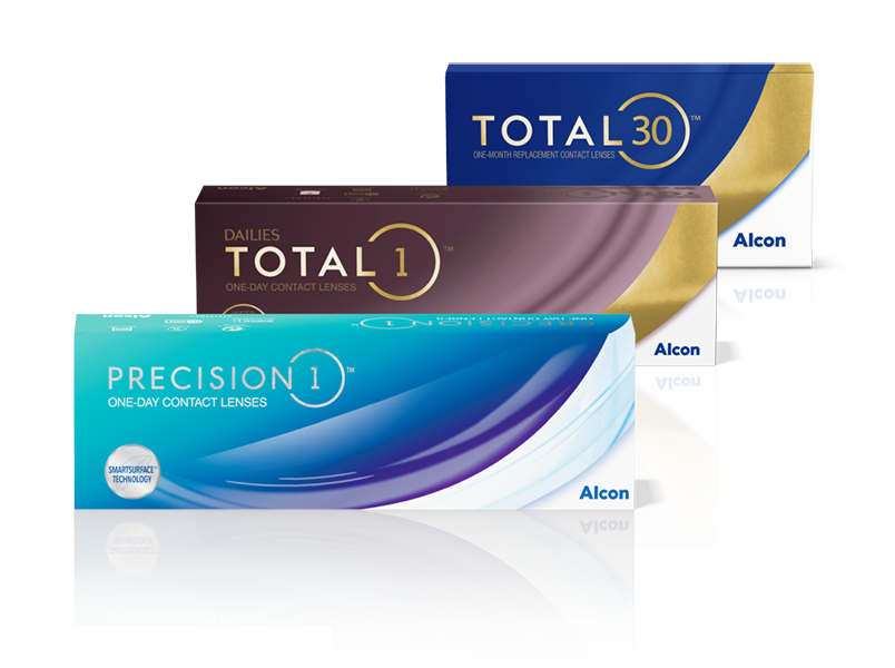 Product boxes for Total30, Dailies Total1, and Precision1 contact lenses by Alcon