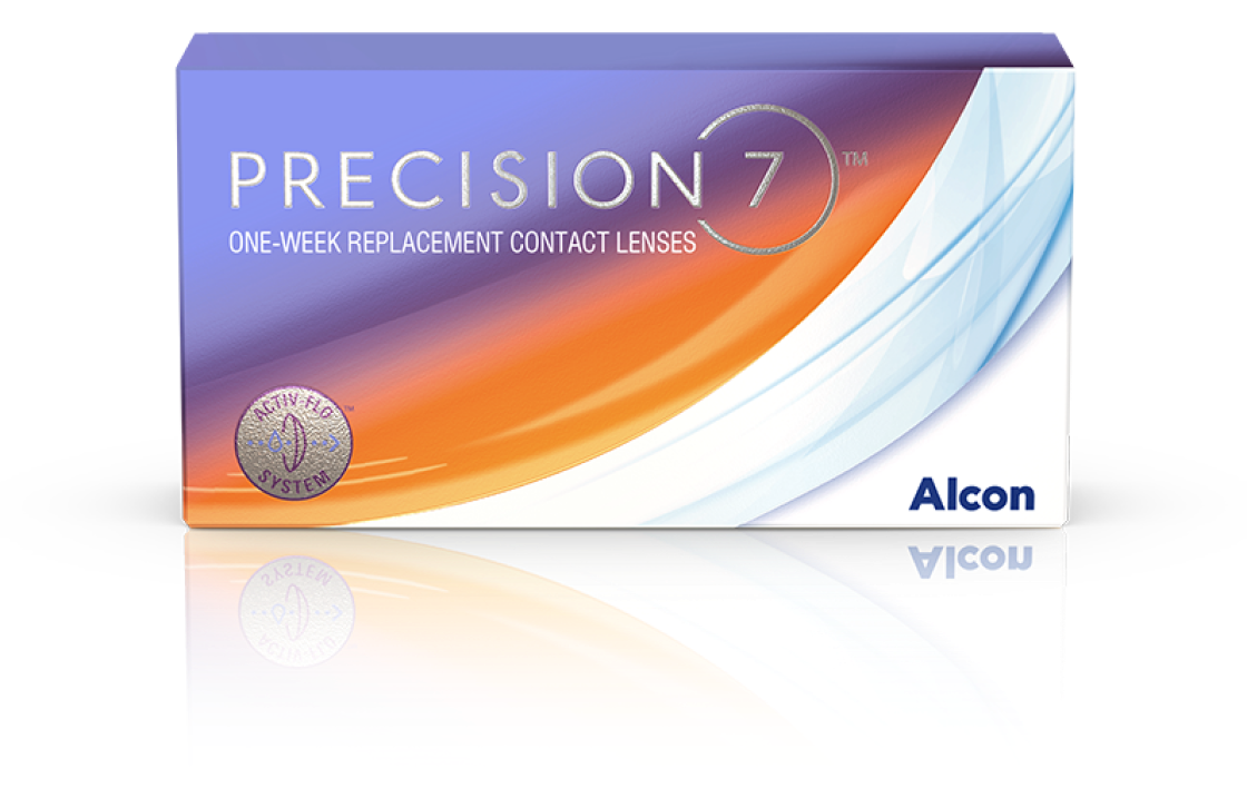Product box for Precision7 one-week replacement contact lenses