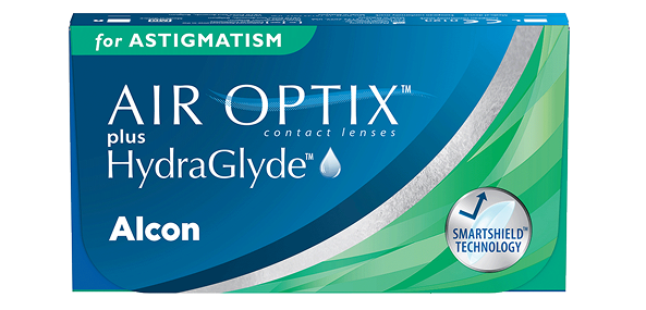 product box for Air Optix plus HydraGlyde for Astigmatism monthly toric contact lenses by Alcon