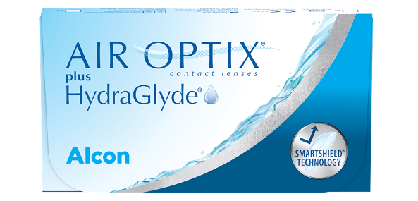 product box for Air Optix plus HydraGlyde monthly contact lenses by Alcon