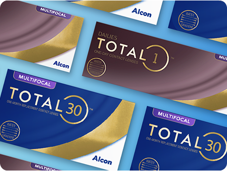 A collection of Alcon contact lens packaging, including Total30 Multifocal and Dailies Total1 Multifocal