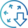 An icon featuring a circular arrow with multiple directional indicators pointing towards a downward-facing arrow at the center