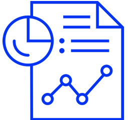 icon of a document with a pie chart, text lines, and a line graph, symbolizing reports, data, and performance analytics