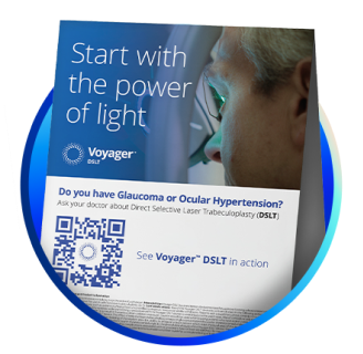 Voyager DSLT flyer featuring the message 'Start with the power of light,' with a patient undergoing eye treatment and a QR code linking to a video demonstration