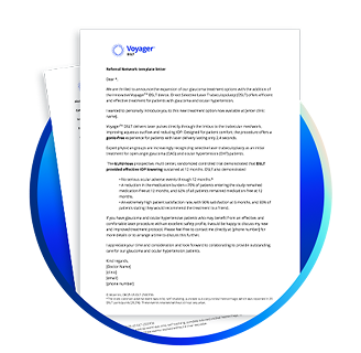 Referral network template letter for Voyager DSLT, displayed on overlapping sheets with the Voyager logo and body text formatted in a formal letter style