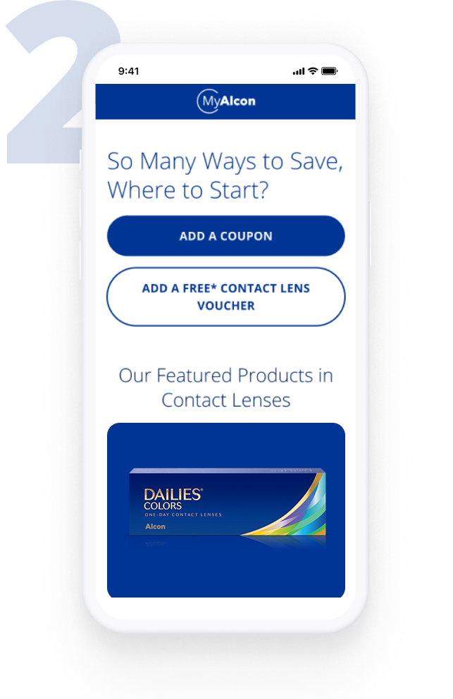 Mobile screen displaying the MyAlcon savings page with options to add a coupon or a free contact lens voucher, and a featured product image of DAILIES COLORS one day contact lenses.