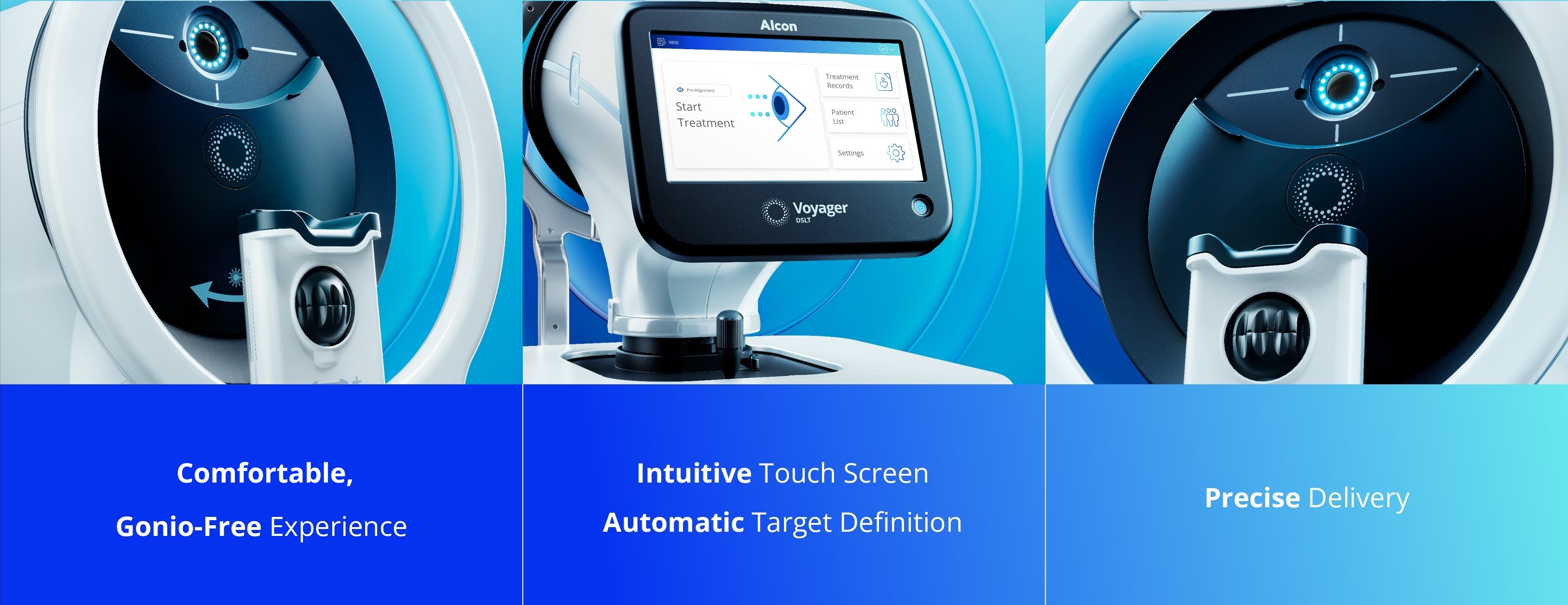 Three images showcasing the Alcon Voyager DSLT glaucoma treatment laser system. The first image highlights the device's ergonomic design and comfortable gonio-free experience. The second image shows the intuitive touch screen interface with automatic target definition. The third image focuses on the precision delivery mechanism of the device."