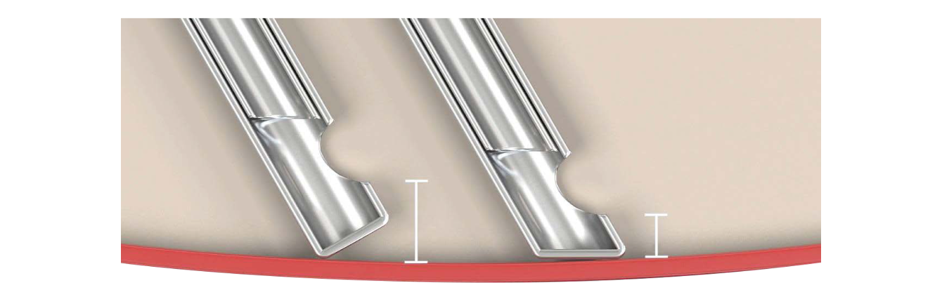 An image of two probe tips, one beveled and the other flat. The image illustrates that the beveled tip allows for closer proximity to the retina.