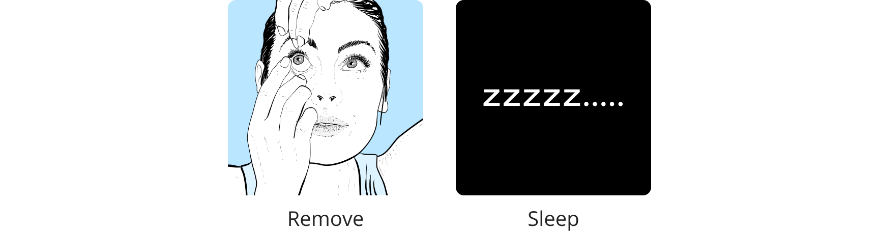 Image of a woman putting on a contact lens and image of sleeping with description