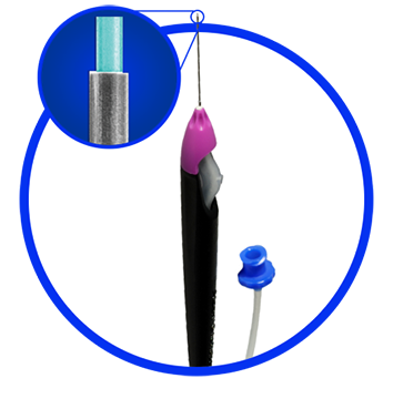 An image of the Grieshaber Advanced Backflush Soft Tip DSP. A zoomed-in image in a circle displays the 0.8 mm polyurethane green soft tip located on the tip of the device.
