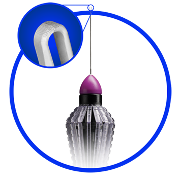 An image of the FINESSE SHARKSKIN ILM Forceps. A zoomed-in image in a circle displays the laser-ablated microstructures on the tips of the forceps. The device appears on a purple background. 
