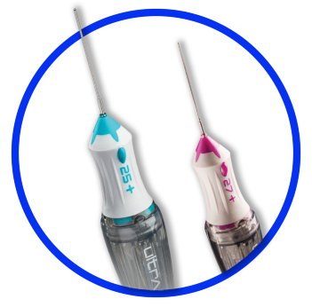 An image of the 25+ Gauge and 27+ Gauge Advanced ULTRAVIT Beveled High Speed Probes side by side. The devices appear on a purple background. 
