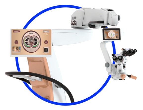 An image of the LuxOR Revalia Ophthalmic Microscope. The device appears on a teal background. 