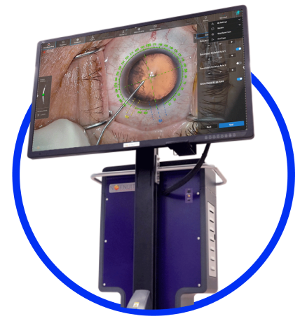 An image of the NGENUITY 3D Visualization System with a monitor displaying a close-up view of eye surgery. The device appears on a teal background 