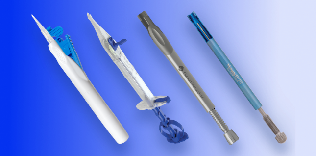 An image of the Clareon AutonoMe Automated Preloaded Delivery System, the AcrySof IQ UltraSert Preloaded Delivery System, the Clareon Monarch IV Delivery System, and the Monarch III IOL Delivery System. The four devices appear side by side on a blue background.