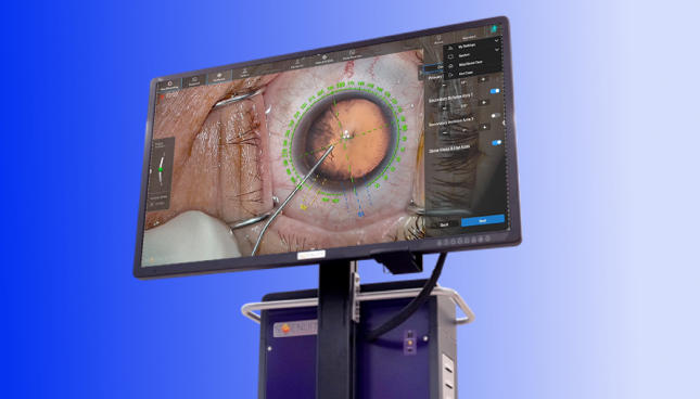 An image of a group of surgeons in an operating room with a patient undergoing surgery. An NGENUITY screen shows a close-up view of the surgery to the surgeons in the room.