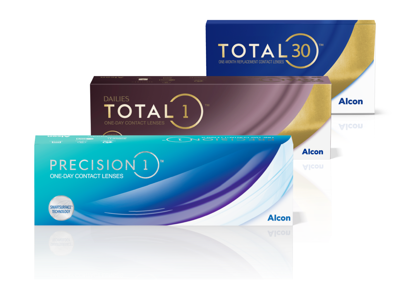 Boîtes de produit pour les lentilles de contact Total30, Dailies Total1 et Precision1 par Alcon