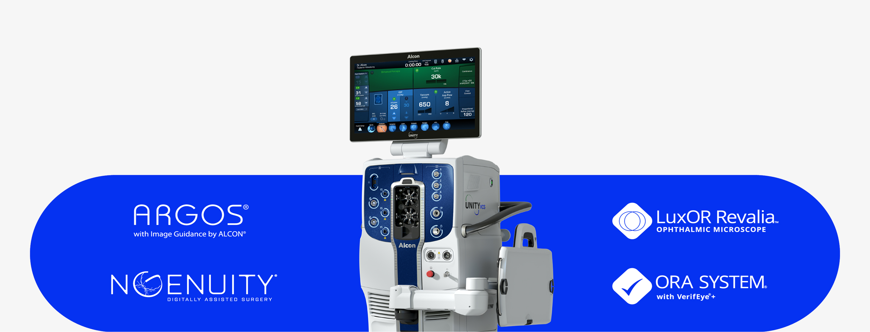 Système chirurgical Alcon UNITY VCS avec écran, présenté aux côtés des logos ARGOS, NGENUITY, LuxOR Revalia et ORA SYSTEM