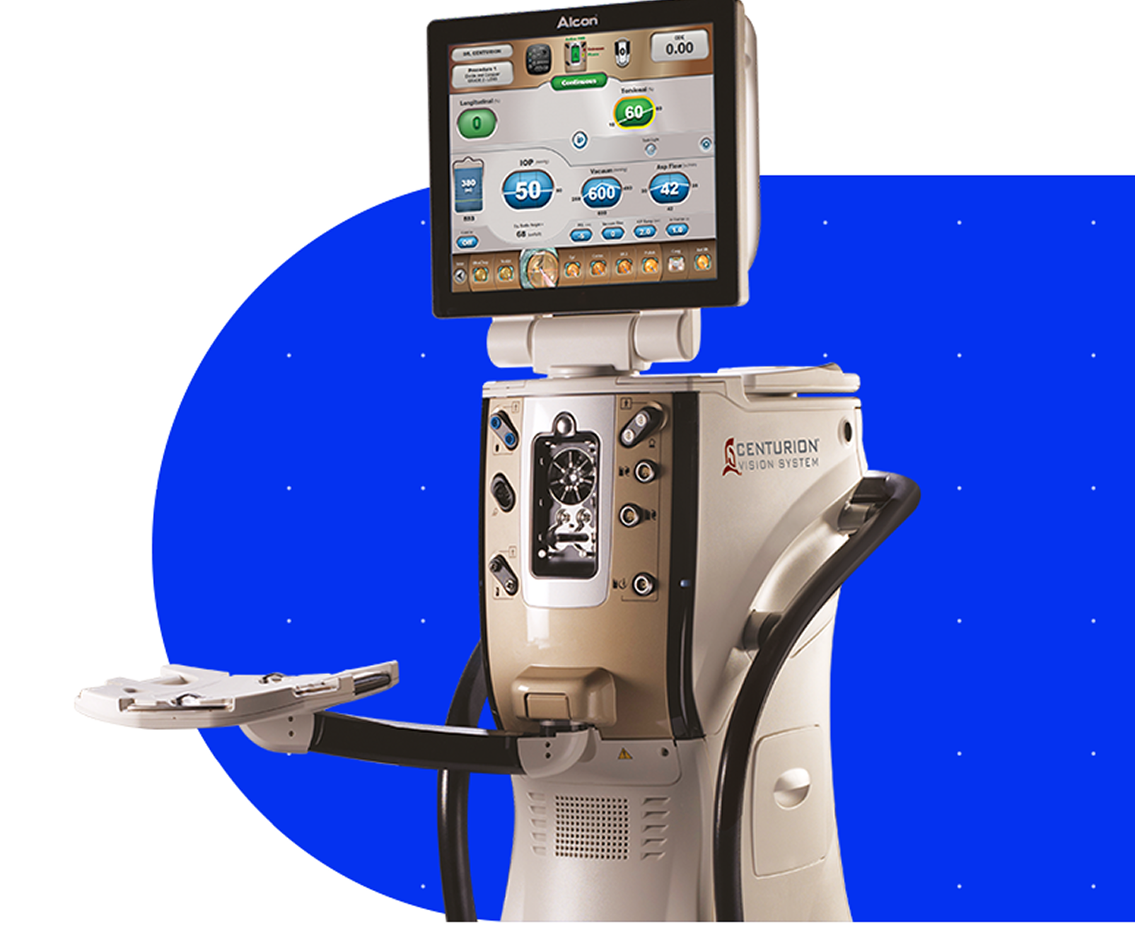 CENTURION Vision System with ACTIVE SENTRY Handpiece in front of a light-blue background.