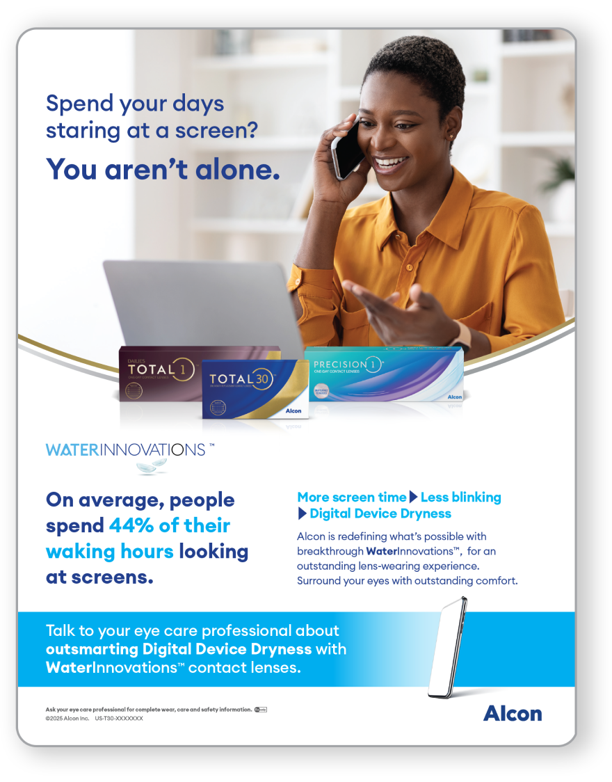 Smiling woman using a laptop and talking on the phone, with product boxes of DAILIES TOTAL1, TOTAL30, and PRECISION1 contact lenses displayed below. Text highlights digital device dryness and the benefits of Alcon’s WaterInnovations technology.