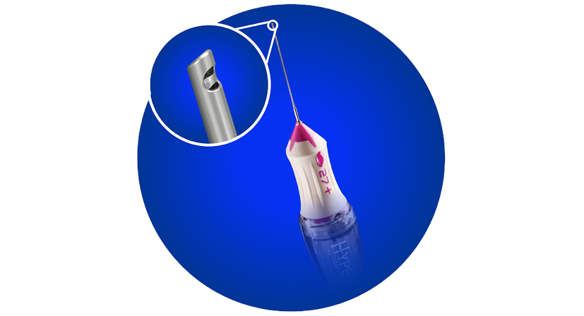 A product shot of the 27+ Gauge Hypervit probe with a close-up of the probe tip.