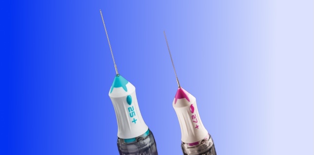 An image of the 25+ Gauge and 27+ Gauge Advanced ULTRAVIT Beveled High Speed Probes side by side. The devices appear on a purple background. 