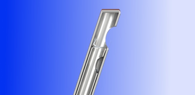 An image of the HYPERVIT Dual Blade Vitrectomy Probe. The device appears on a purple background. 