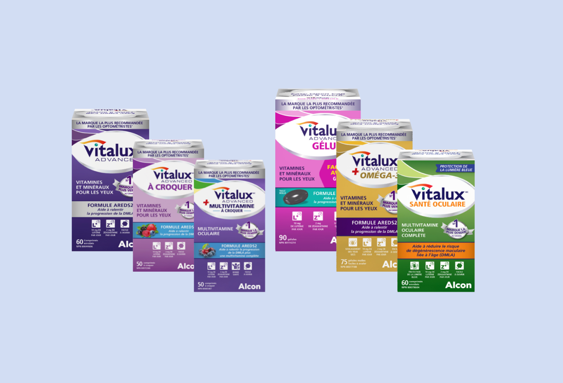 Image de six boîtes de suppléments vitaminiques et minéraux pour les yeux Vitalux d'Alcon, incluant Vitalux Advanced, Advanced à Croquer, Advanced Multivitamine à Croquer, Advanced Softgel, Advanced Oméga-3 et Healthy Eyes.