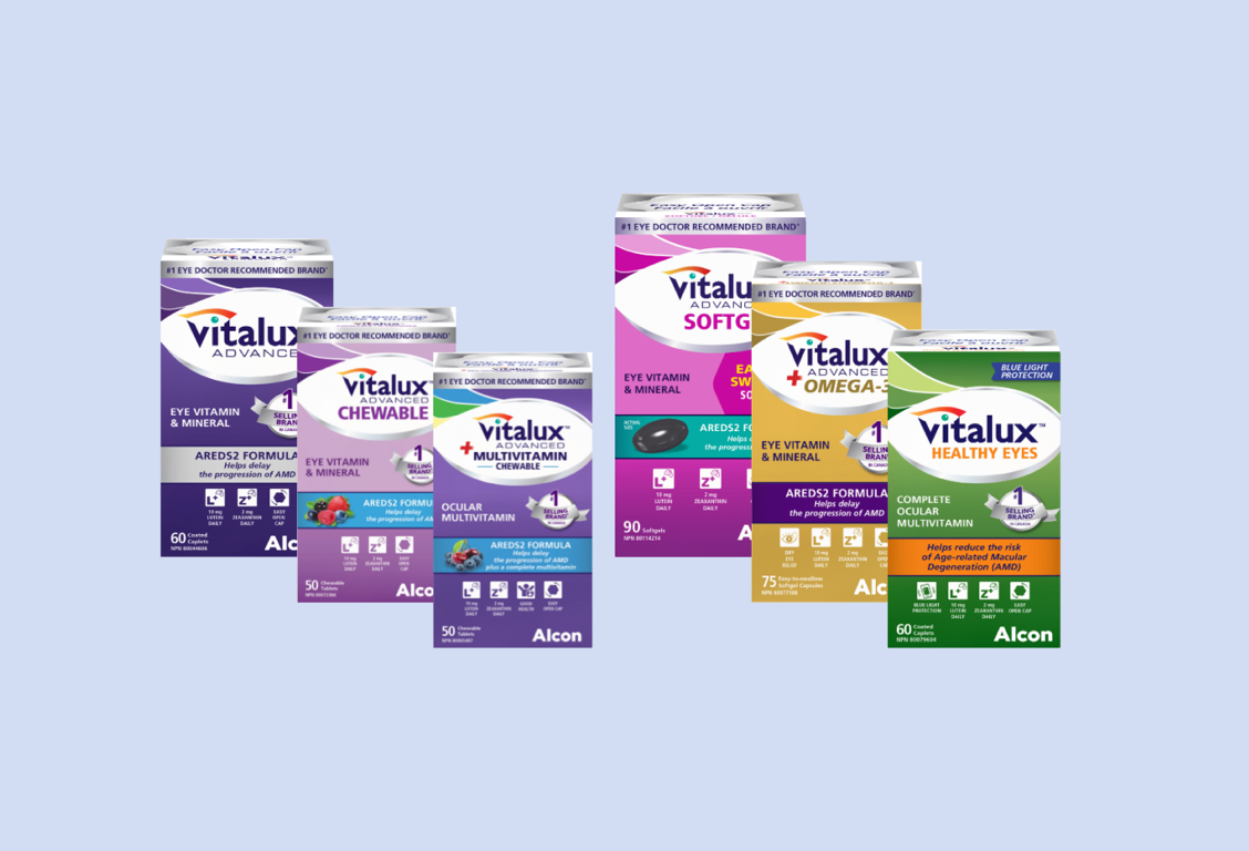Image of six Vitalux eye vitamin and mineral supplement product boxes from Alcon, including Vitalux Advanced, Advanced Chewable, Advanced Multivitamin Chewable, Advanced Softgel, Advanced Omega-3, and Healthy Eyes.