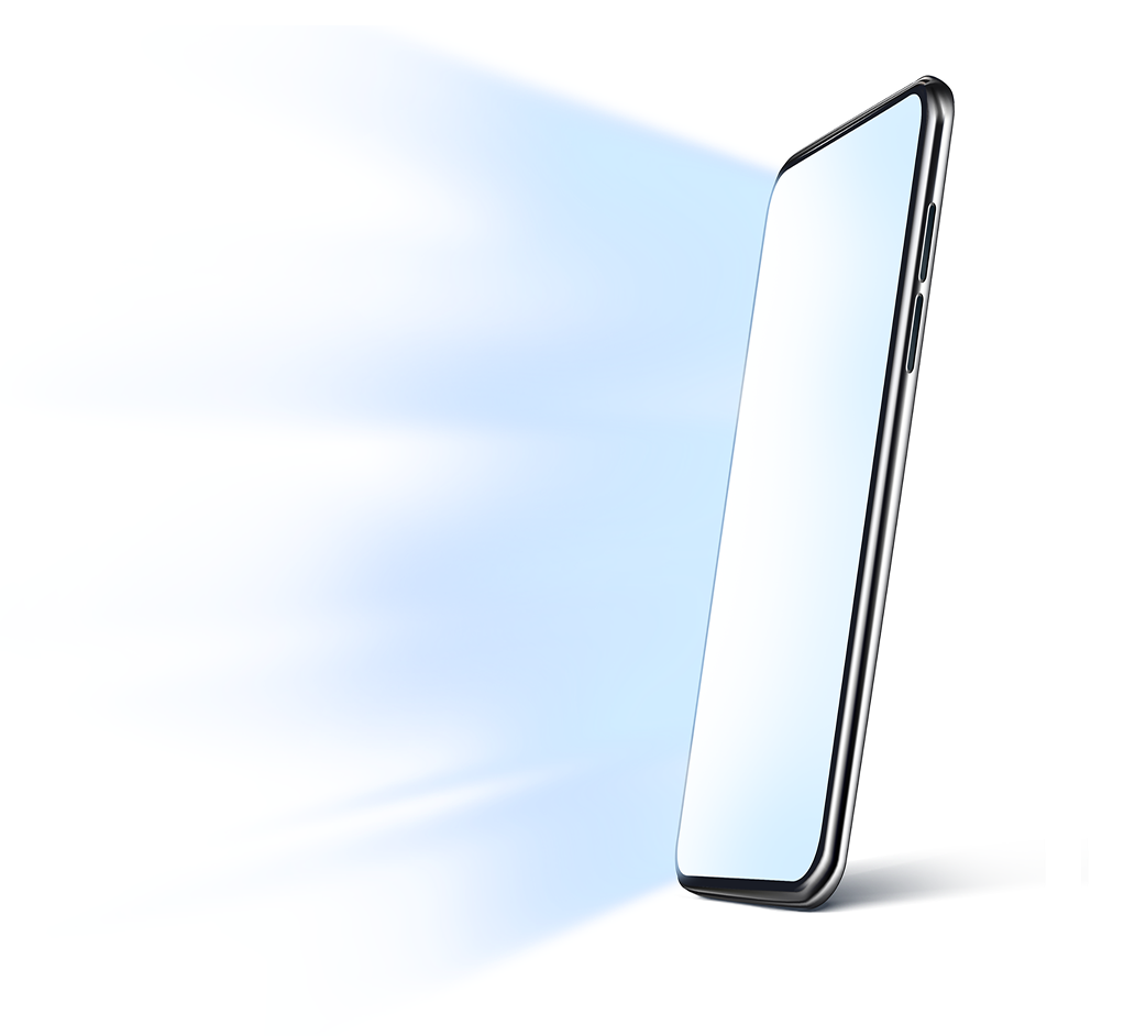 Téléphone intelligent moderne émettant une lumière bleue douce de l’écran, représentant l’exposition aux écrans numériques ou à la lumière bleue.