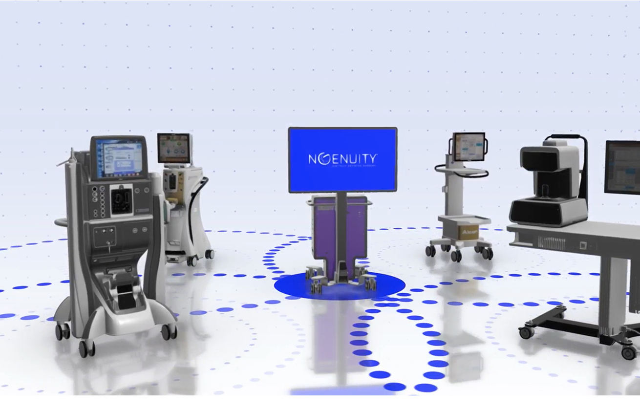 NGENUITY 3D Visualization System and the CONSTELLATION Vision System on a white background with a blue lines flowing between them to indicate DATAFUSION integration.   