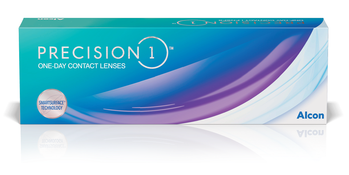 Boîte de lentilles cornéennes journalières PRECISION1 d’Alcon, dotées de la technologie SmartSurface.