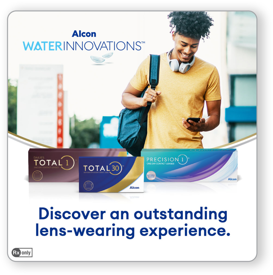 Young man with headphones and a backpack smiling at his phone. Below are product boxes for DAILIES TOTAL1, TOTAL30, and PRECISION1 contact lenses. Text on the image reads: “Alcon WATERINNOVATIONS™ — Discover an outstanding lens-wearing experience.”