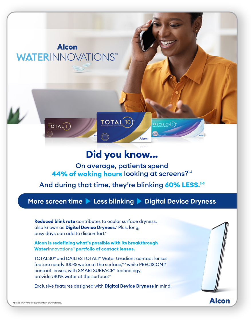 Woman smiling while speaking on the phone and using a laptop, with boxes of DAILIES TOTAL1, TOTAL30, and PRECISION1 contact lenses shown below. The graphic highlights staff talking points such as reduced blinking during screen use and promotes Alcon’s WaterInnovations lenses for managing Digital Device Dryness.