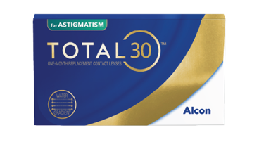 Boîte de lentilles cornéennes mensuelles TOTAL30 pour l’astigmatisme d’Alcon, dotées de la technologie Water Gradient.