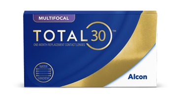 Boîte de lentilles cornéennes mensuelles multifocales TOTAL30 d’Alcon, dotées de la technologie Water Gradient pour les personnes atteintes de presbytie.