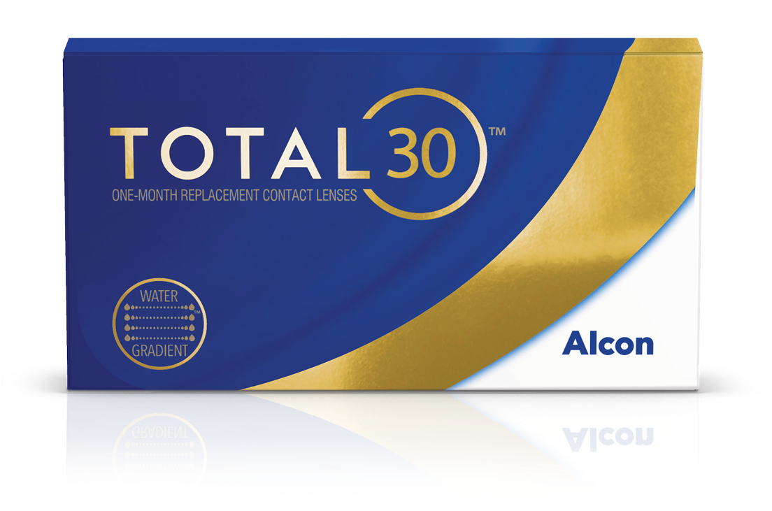Boîte de lentilles cornéennes mensuelles TOTAL30 d’Alcon, dotées de la technologie Water Gradient.