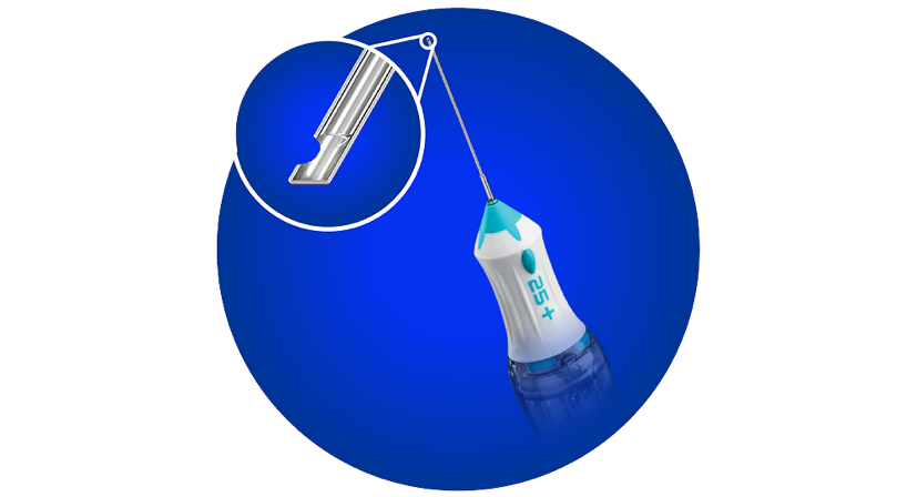 A product shot of the 25+ Gauge Ultravit probe with a close-up of the probe tip.