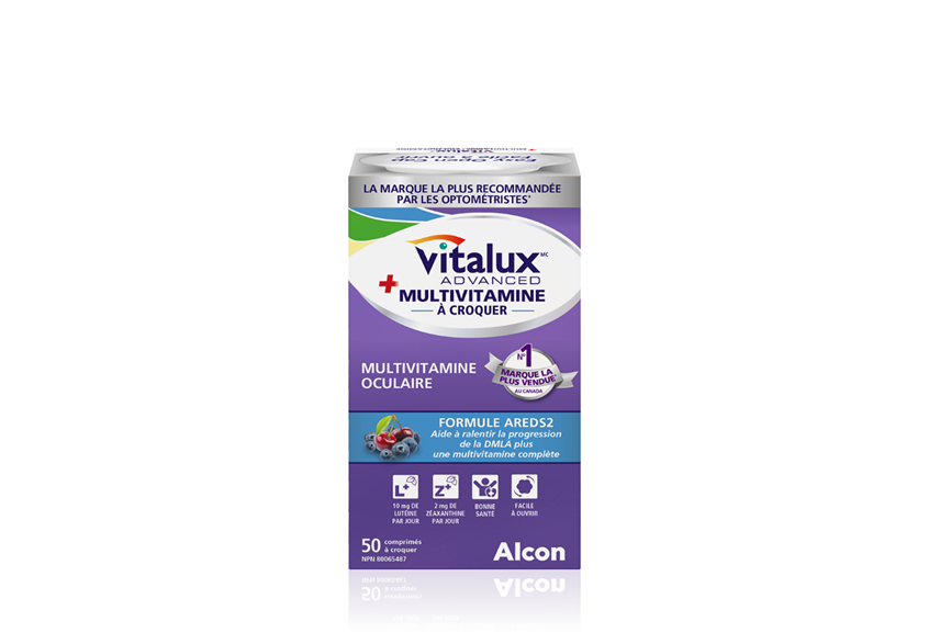 Boîte de produit pour la multivitamine oculaire à croquer Vitalux Advanced Multivitamin d'Alcon. 