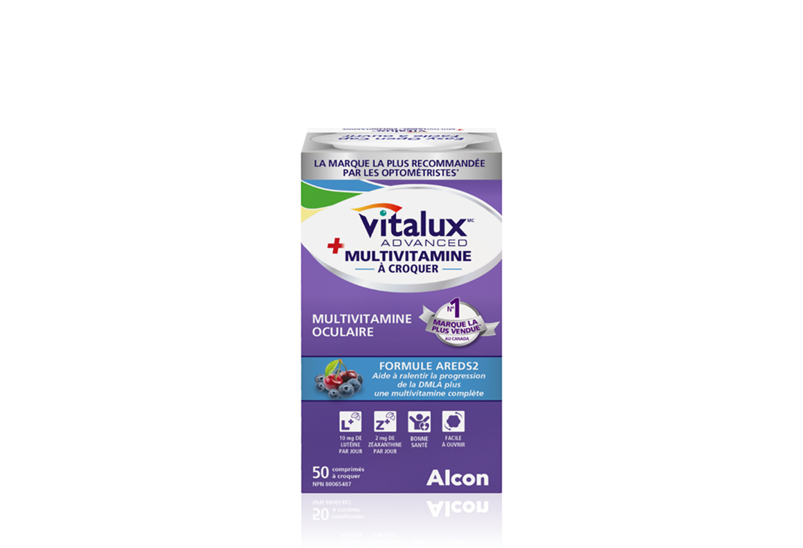 Boîte de produit pour la multivitamine oculaire à croquer Vitalux Advanced Multivitamin d'Alcon. La formule AREDS2 aide à ralentir la progression de la DMLA et offre une multivitamine complète.