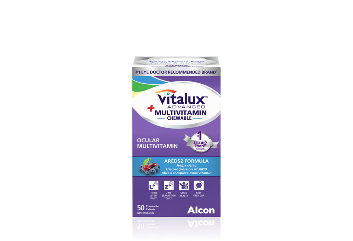 Product box for Vitalux Advanced Multivitamin Chewable ocular multivitamin by Alcon. AREDS2 formula helps delay the progression of AMD plus a complete multivitamin