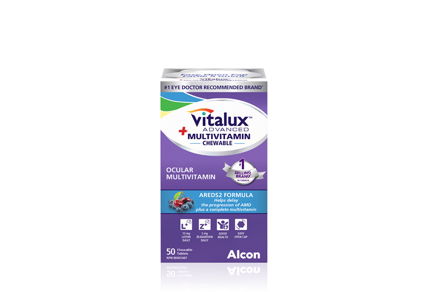 Product box for Vitalux Advanced Multivitamin Chewable ocular multivitamin by Alcon. 