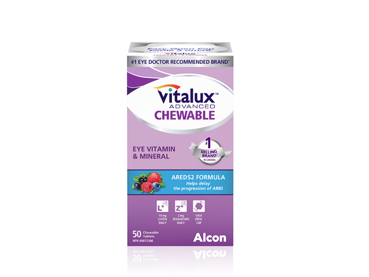 Product box for Vitalux Advanced Chewable eye vitamin and mineral by Alcon.